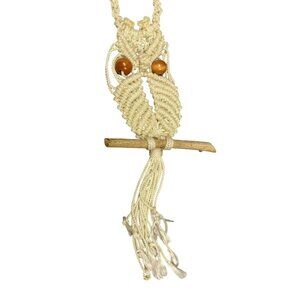 Vintage Handmade White Macrame Owl Necklace With Brown Wooden Beads & Perch